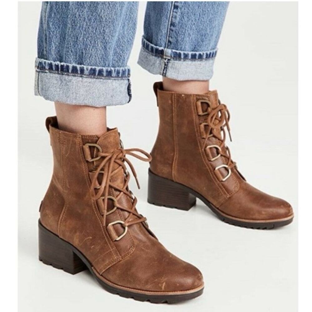 Sorel Cate Lace Up Combat Boots Brown Leather Size 6 Bohemian Western Festival